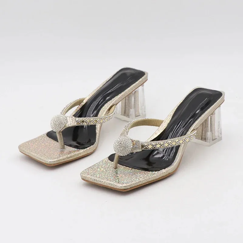 Liyke Mode Glitter Strass Frauen Transparent Low Heels Hausschuhe Kristall Strap Sandalen Schuhe Flip-Flops Offene spitze Rutschen Huggy Wuggy Slippers