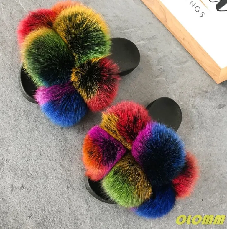 Orvis Slippers Wholesale  Women Real Fox Fur Slides Home fluffy Flat Sandals Female Cute Fluffy House Shoes Woman raccoon fur slides