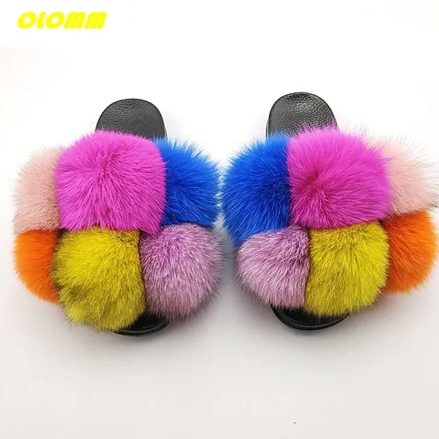 Wholesale  Women Real Fox Fur Slides Home fluffy Flat Sandals Female Cute Fluffy House Shoes Woman raccoon fur slides Folding Travel Slippers