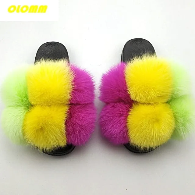 Wholesale  Women Real Fox Fur Slides Home fluffy Flat Sandals Female Cute Fluffy House Shoes Woman raccoon fur slides Fuzzy Slides