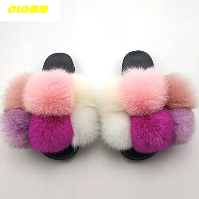 Wholesale  Women Real Fox Fur Slides Home fluffy Flat Sandals Female Cute Fluffy House Shoes Woman raccoon fur slides Felted Slippers Knitting Pattern