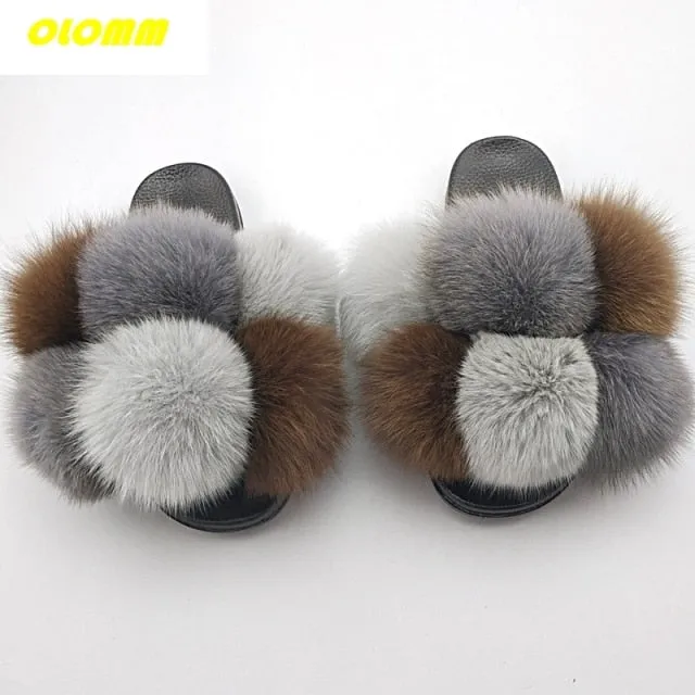 Wholesale  Women Real Fox Fur Slides Home fluffy Flat Sandals Female Cute Fluffy House Shoes Woman raccoon fur slides The Slippers From The Wizard Of Oz