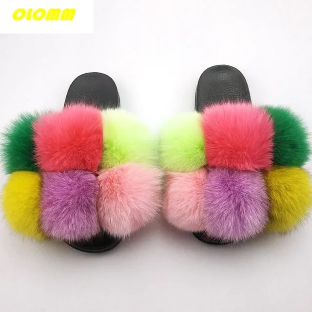 Slippers Original Wholesale  Women Real Fox Fur Slides Home fluffy Flat Sandals Female Cute Fluffy House Shoes Woman raccoon fur slides