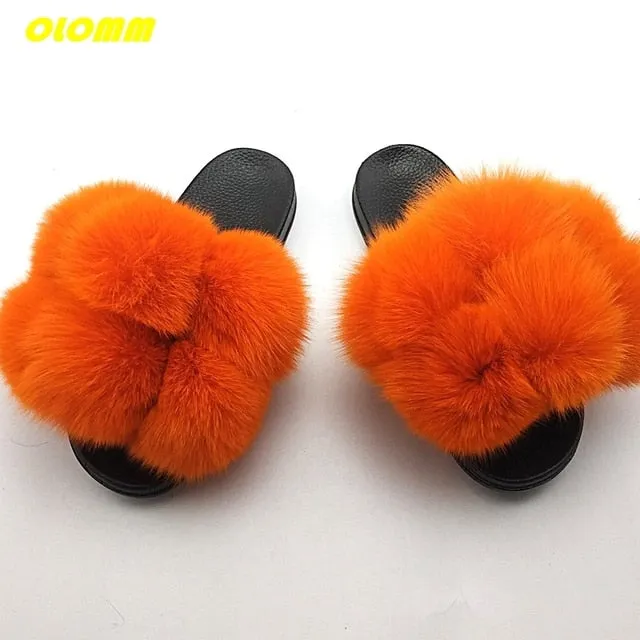 Socks Slippers With Grips Wholesale  Women Real Fox Fur Slides Home fluffy Flat Sandals Female Cute Fluffy House Shoes Woman raccoon fur slides