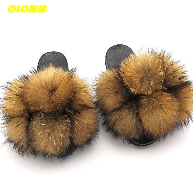 Socks To Wear With Slippers Wholesale  Women Real Fox Fur Slides Home fluffy Flat Sandals Female Cute Fluffy House Shoes Woman raccoon fur slides
