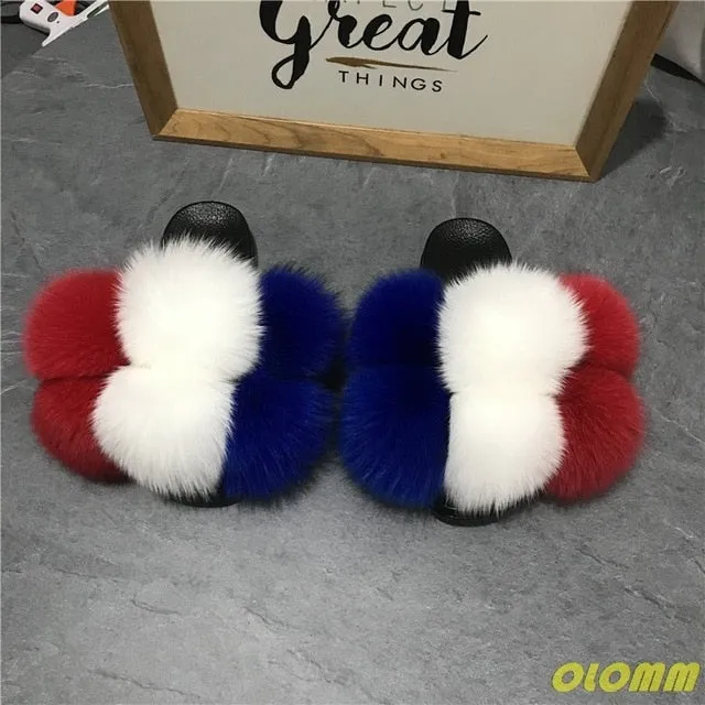 Loaf Of Bread Slippers Wholesale  Women Real Fox Fur Slides Home fluffy Flat Sandals Female Cute Fluffy House Shoes Woman raccoon fur slides