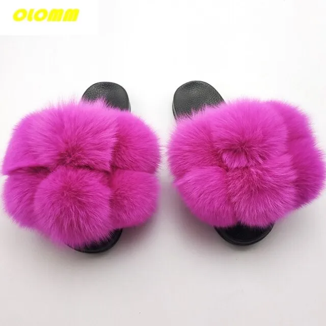 Godzilla Slippers Wholesale  Women Real Fox Fur Slides Home fluffy Flat Sandals Female Cute Fluffy House Shoes Woman raccoon fur slides