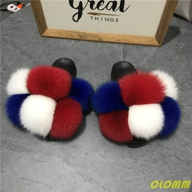 Grizzly Bear Slippers Wholesale  Women Real Fox Fur Slides Home fluffy Flat Sandals Female Cute Fluffy House Shoes Woman raccoon fur slides