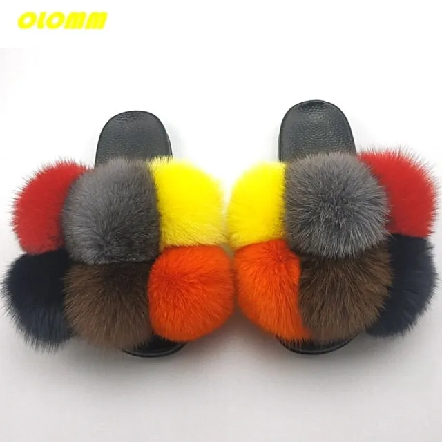 Therapeutic Slippers Wholesale  Women Real Fox Fur Slides Home fluffy Flat Sandals Female Cute Fluffy House Shoes Woman raccoon fur slides