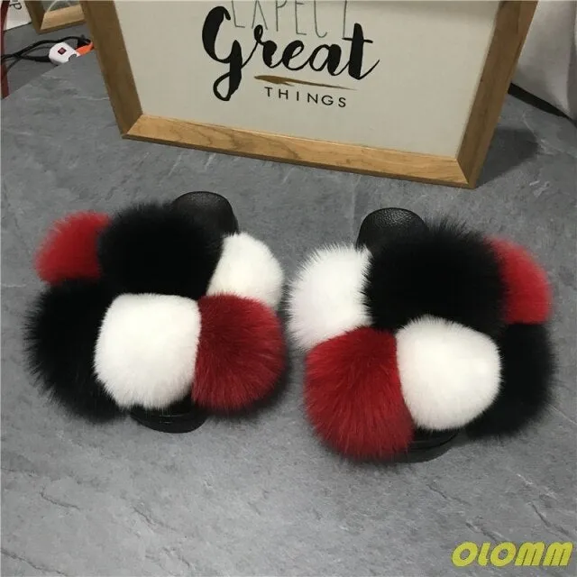 Slippers Print Wholesale  Women Real Fox Fur Slides Home fluffy Flat Sandals Female Cute Fluffy House Shoes Woman raccoon fur slides