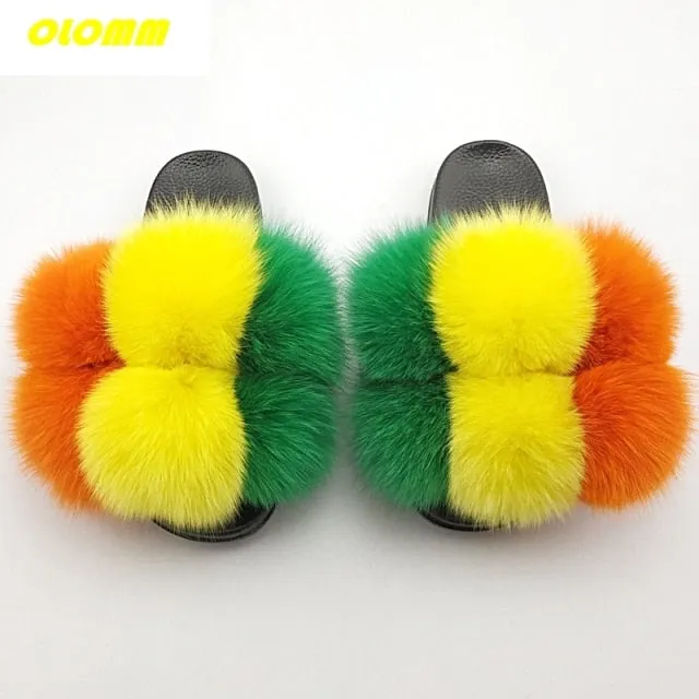 Muk Luk Bootie Slippers Wholesale  Women Real Fox Fur Slides Home fluffy Flat Sandals Female Cute Fluffy House Shoes Woman raccoon fur slides