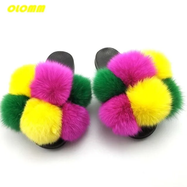 Mama Bear Slippers Wholesale  Women Real Fox Fur Slides Home fluffy Flat Sandals Female Cute Fluffy House Shoes Woman raccoon fur slides
