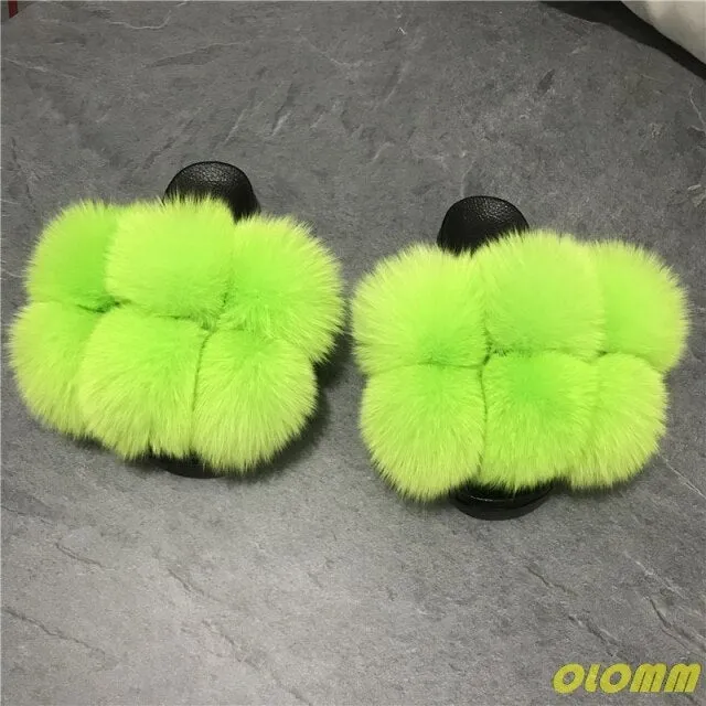 Wholesale  Women Real Fox Fur Slides Home fluffy Flat Sandals Female Cute Fluffy House Shoes Woman raccoon fur slides High Arch Support Slippers