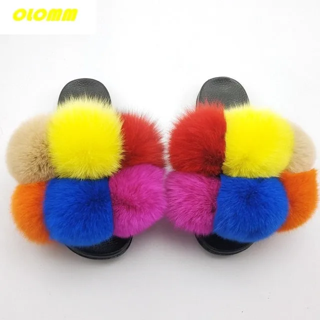 Wholesale  Women Real Fox Fur Slides Home fluffy Flat Sandals Female Cute Fluffy House Shoes Woman raccoon fur slides Pajamas And Slippers