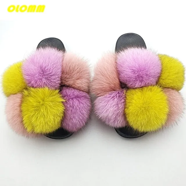 Wholesale  Women Real Fox Fur Slides Home fluffy Flat Sandals Female Cute Fluffy House Shoes Woman raccoon fur slides Dames Slippers