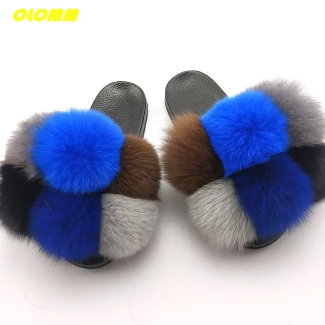 Wholesale  Women Real Fox Fur Slides Home fluffy Flat Sandals Female Cute Fluffy House Shoes Woman raccoon fur slides Pull On Slippers