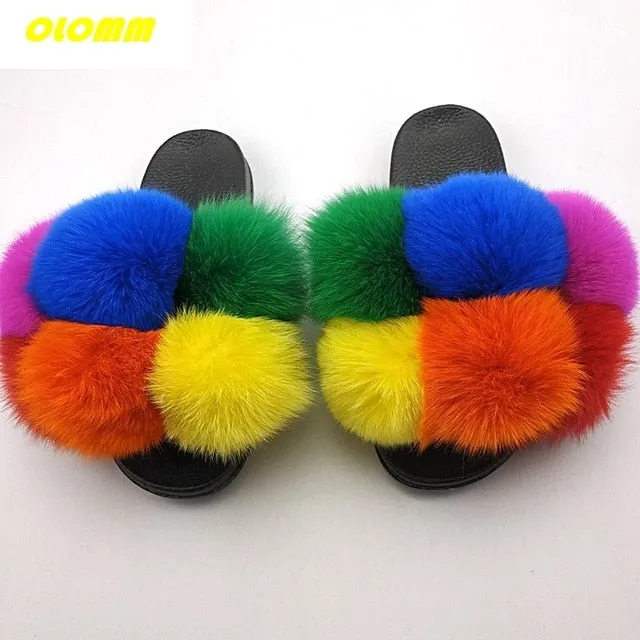 Slippers With Rhinestones Wholesale  Women Real Fox Fur Slides Home fluffy Flat Sandals Female Cute Fluffy House Shoes Woman raccoon fur slides