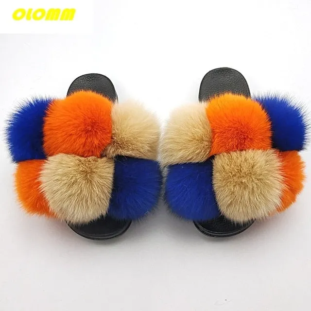 Banda Slides Wholesale  Women Real Fox Fur Slides Home fluffy Flat Sandals Female Cute Fluffy House Shoes Woman raccoon fur slides