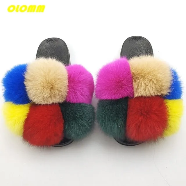 Wholesale  Women Real Fox Fur Slides Home fluffy Flat Sandals Female Cute Fluffy House Shoes Woman raccoon fur slides Talisman Slippers