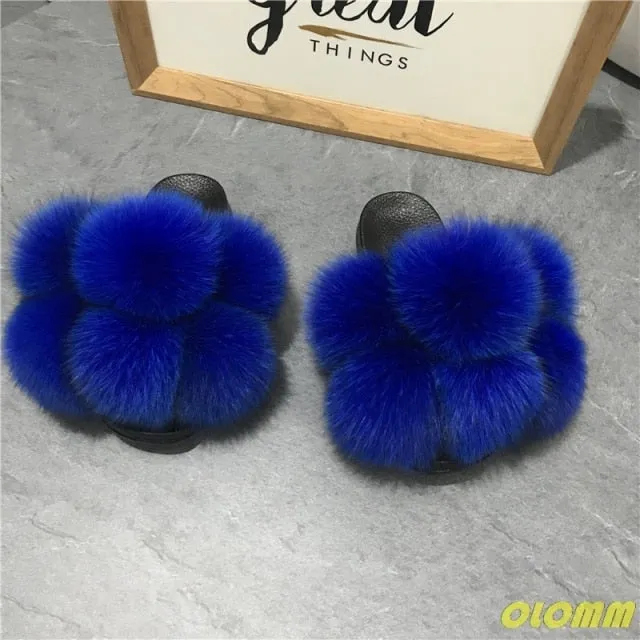 Keroppi Slippers Wholesale  Women Real Fox Fur Slides Home fluffy Flat Sandals Female Cute Fluffy House Shoes Woman raccoon fur slides