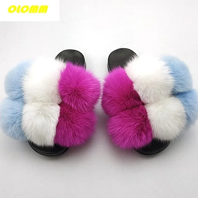 Wholesale  Women Real Fox Fur Slides Home fluffy Flat Sandals Female Cute Fluffy House Shoes Woman raccoon fur slides Sheepskin Slippers