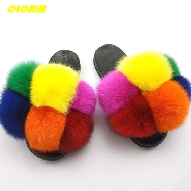 Wholesale  Women Real Fox Fur Slides Home fluffy Flat Sandals Female Cute Fluffy House Shoes Woman raccoon fur slides Return To Oz Ruby Slippers