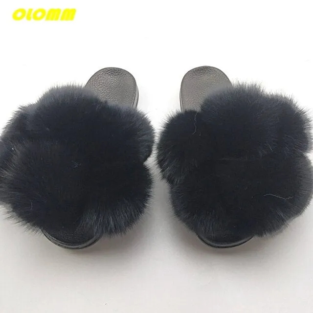 Wholesale  Women Real Fox Fur Slides Home fluffy Flat Sandals Female Cute Fluffy House Shoes Woman raccoon fur slides Extra Cushion Slippers