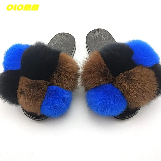 Wholesale  Women Real Fox Fur Slides Home fluffy Flat Sandals Female Cute Fluffy House Shoes Woman raccoon fur slides Target Reindeer Slippers