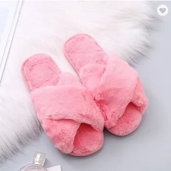 Polishing Slippers Winter Women Home Slippers with Faux Fur Fashion Warm Shoes Woman Slip on Flats Female Slides Black Pink Plus Size