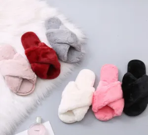 Winter Women Home Slippers with Faux Fur Fashion Warm Shoes Woman Slip on Flats Female Slides Black Pink Plus Size Walmart Joyspun Slippers