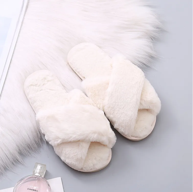 Winter Women Home Slippers with Faux Fur Fashion Warm Shoes Woman Slip on Flats Female Slides Black Pink Plus Size Navy Slippers Sale