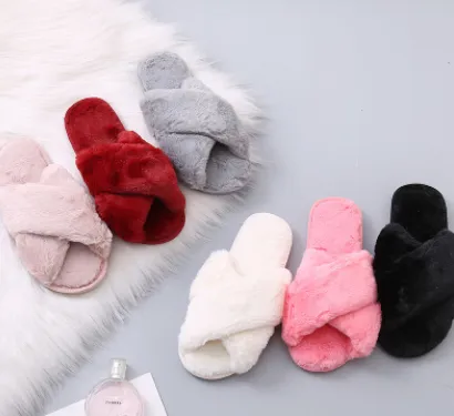 Winter Women Home Slippers with Faux Fur Fashion Warm Shoes Woman Slip on Flats Female Slides Black Pink Plus Size Dillards Slippers