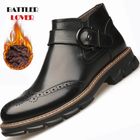 Flat Derby Shoes Winter Fleece Men's Brogue Boots Cow Genuine Leather Men Shoes Fashion Motorcycle Boots Man Comfortable Ankle Boots Casual Shoes
