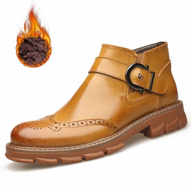 Winter Fleece Men's Brogue Boots Cow Genuine Leather Men Shoes Fashion Motorcycle Boots Man Comfortable Ankle Boots Casual Shoes Comfortable Ballet Flat Shoes