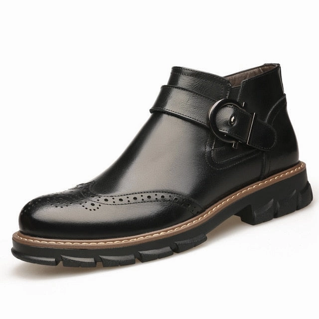 Winter Fleece Men's Brogue Boots Cow Genuine Leather Men Shoes Fashion Motorcycle Boots Man Comfortable Ankle Boots Casual Shoes Dress Shoes For Wide Flat Feet