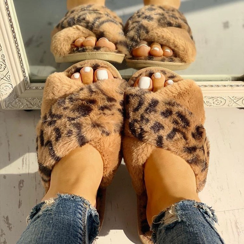 Flip Flops Leather Winter Women House Slippers Faux Fur Fashion Warm Shoes Woman Slip on Flats Female Slides Black Pink cozy home  furry slippers