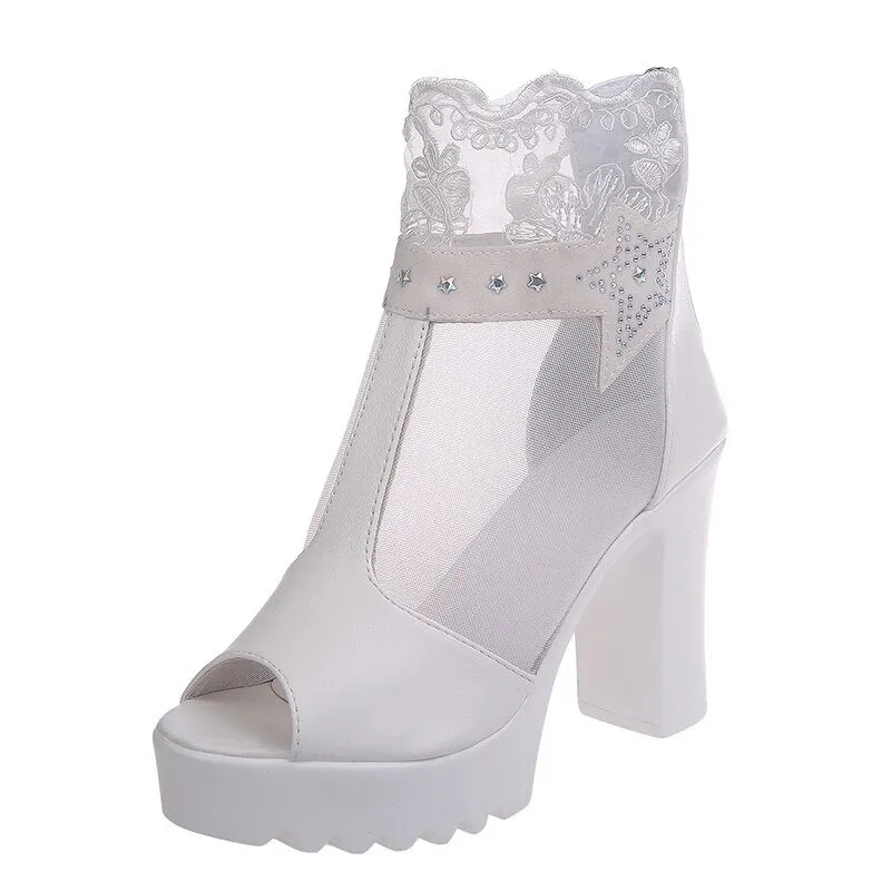 Women Air Mesh Sandals Summer Square High Heel Platform Peep Toe Breathable Wedding Dress Female Ladies Shoes Zapatos De Mujer Veronica Sandals