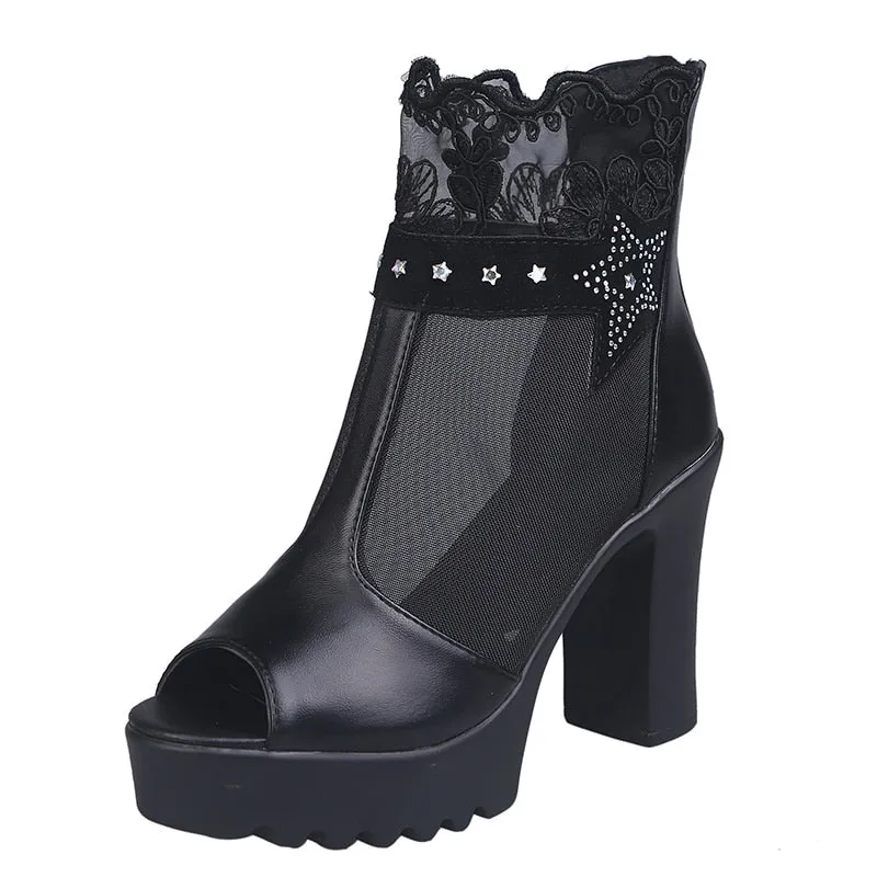 Sandals Gizeh Women Air Mesh Sandals Summer Square High Heel Platform Peep Toe Breathable Wedding Dress Female Ladies Shoes Zapatos De Mujer