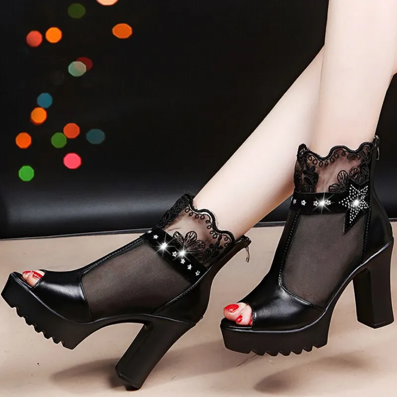 Women Air Mesh Sandals Summer Square High Heel Platform Peep Toe Breathable Wedding Dress Female Ladies Shoes Zapatos De Mujer Flat Strap Sandals