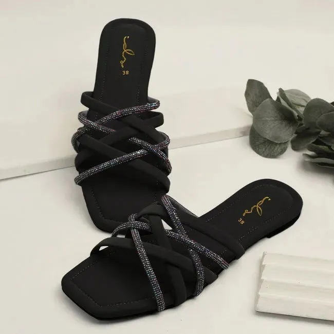 Women Fashion Luxurious Cross Over Strap Slides Style Flat Slippers, Sandal Perfect for Summer Wear - Comfortable and Stylish for Any Occasion Black, Light Green Slippers Nut Logo
