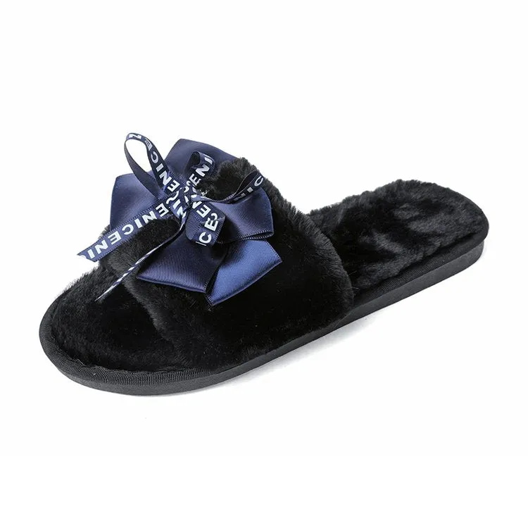 Women Plush Home Faux Fur Slippers Black Flat Slides