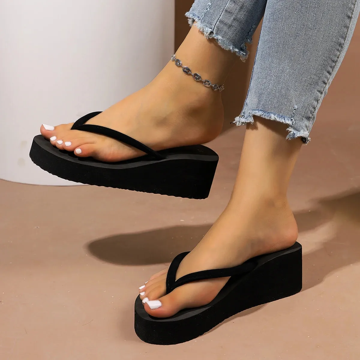 Open Toe Slippers For Seniors Women Slippers Summer Beach Wedge Slippers Flip-Flops Clip Toe Platform Sandals Outdoor High Heels Slides Women Orthopedic Shoes