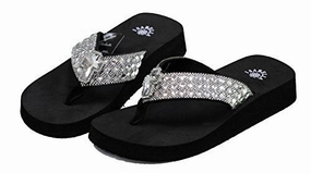Fabric Top Flip Flops Women Flip Flop Flat Western Cross Slipper Bling Rhinestone Sandals (L) Black