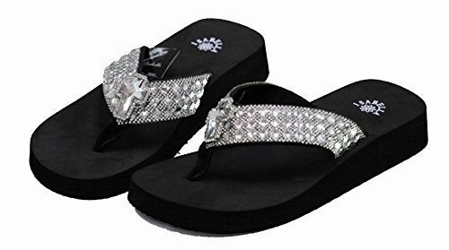 Flip Flops Uk Women Flip Flop Flat Western Cross Slipper Bling Rhinestone Sandals (L) Black