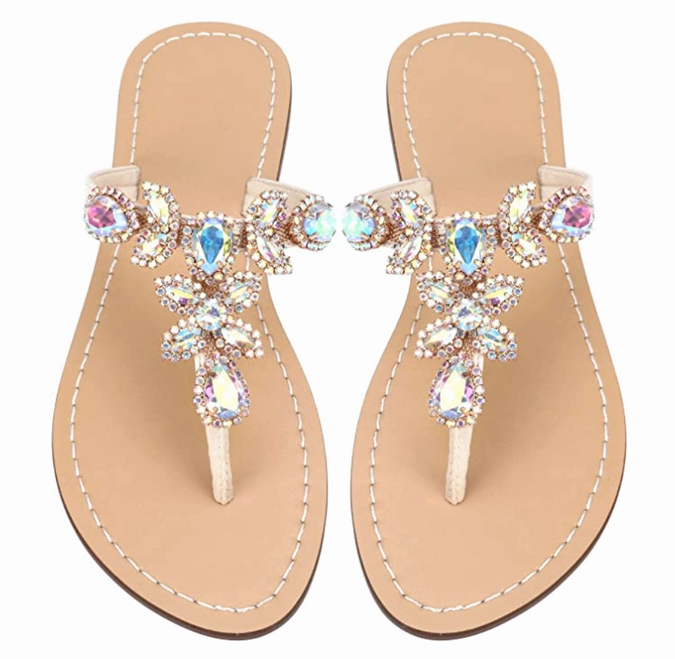 Women's Summer Rhinestone Jeweled Sandals Gold Flip Flops With Arch Support