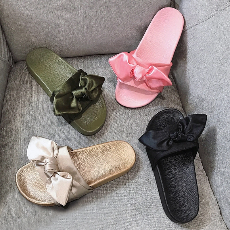 Unique Flip Flops Women Slippers Rihanna Silk Bow Slides Summer Beach Shoes