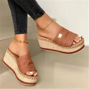 Embroidered Slippers Women's Braided Strap Wedge Slippers