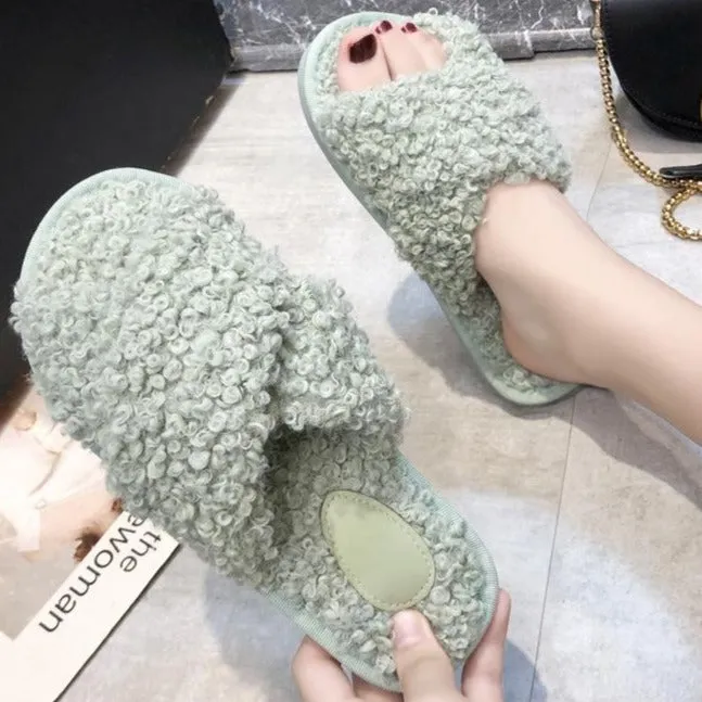Women's curly furry slippers criss cross house shoes Fold Up Ballet Slippers