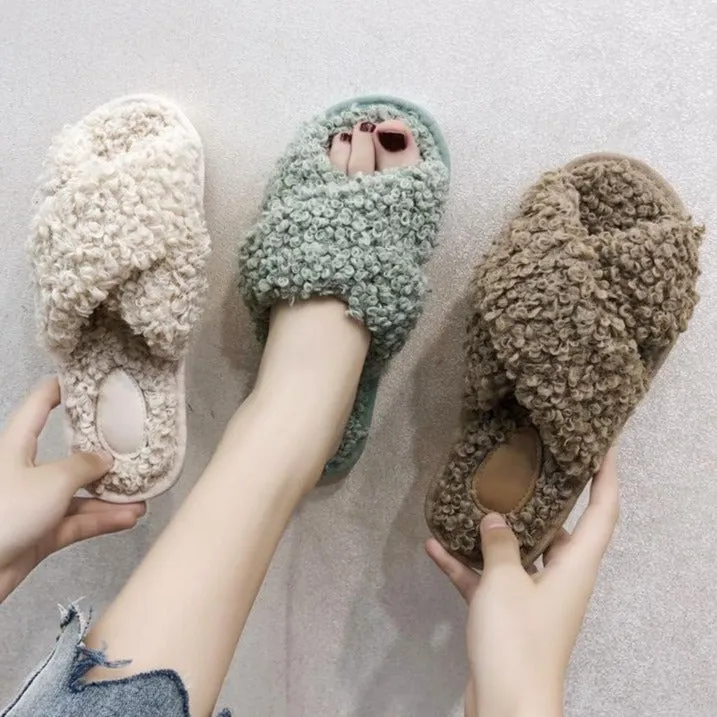 Superstar Slides Women's curly furry slippers criss cross house shoes