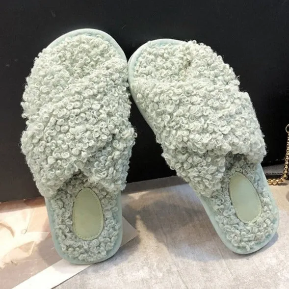 Women's curly furry slippers criss cross house shoes Platform Slippers Sand
